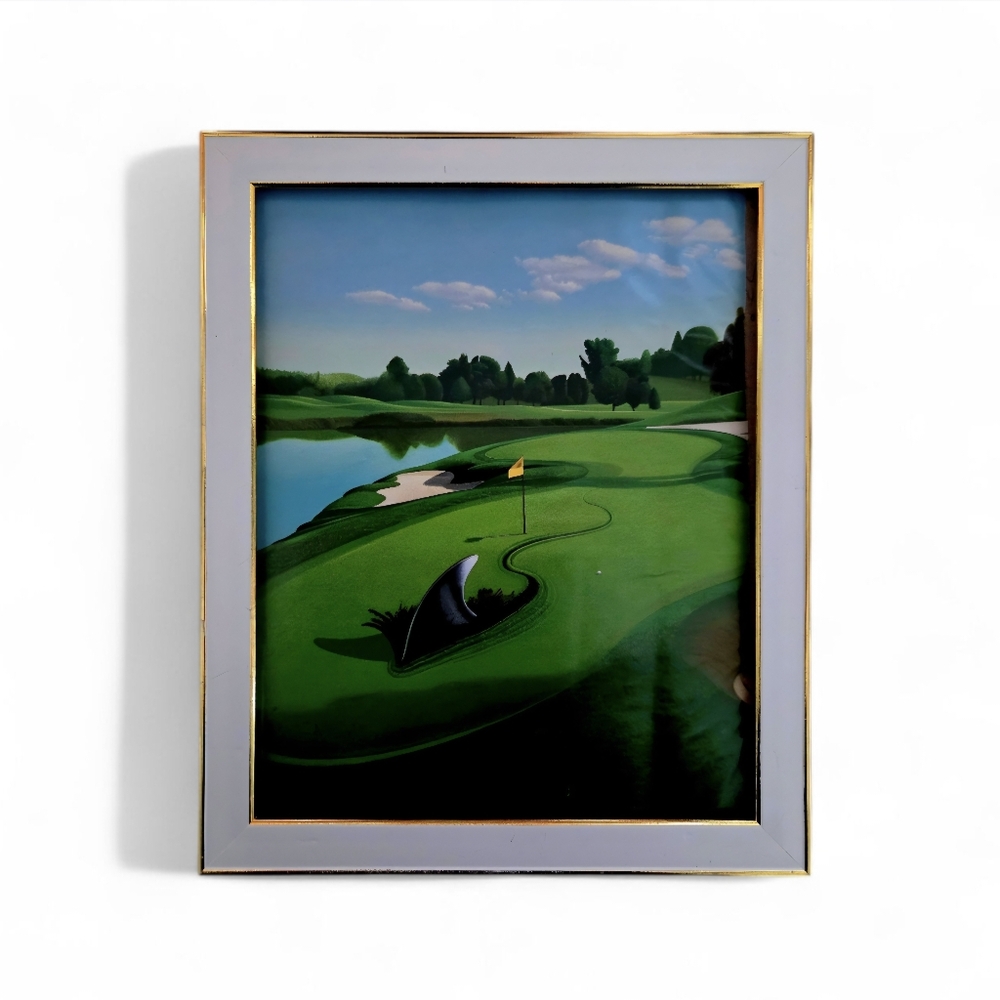 8x10 Vintage Framed Golf Course Art Print - Green and Blue